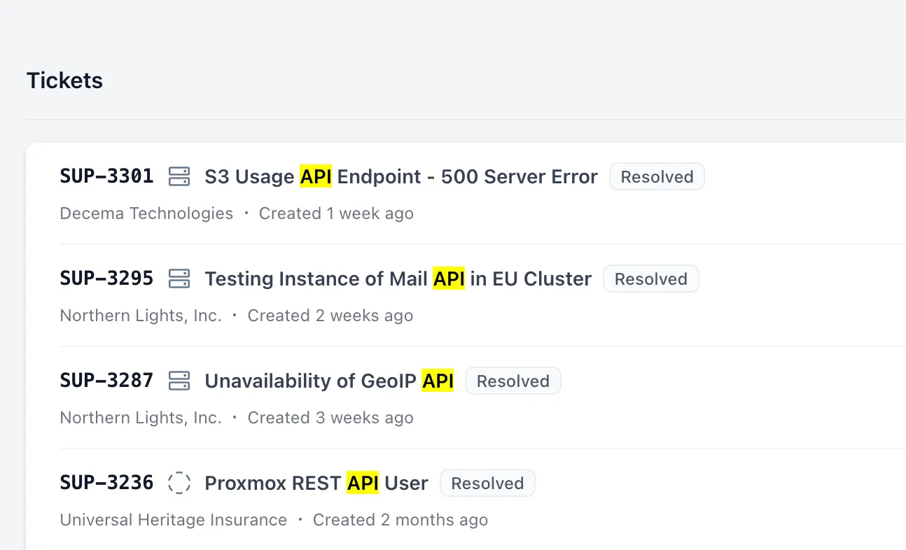 Screenshot showing highlighted search results featuring the full text search functionality