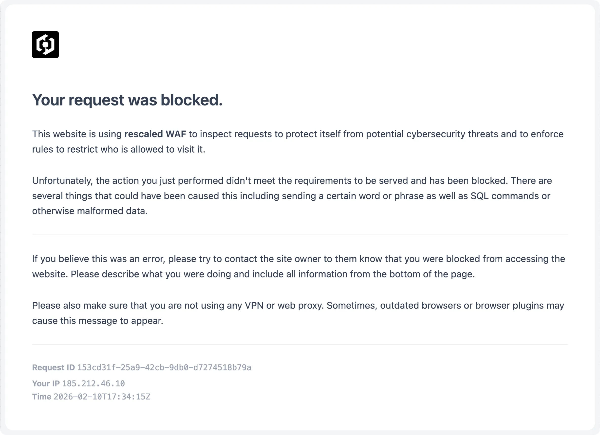 Screenshot of rescaled WAF Block Page